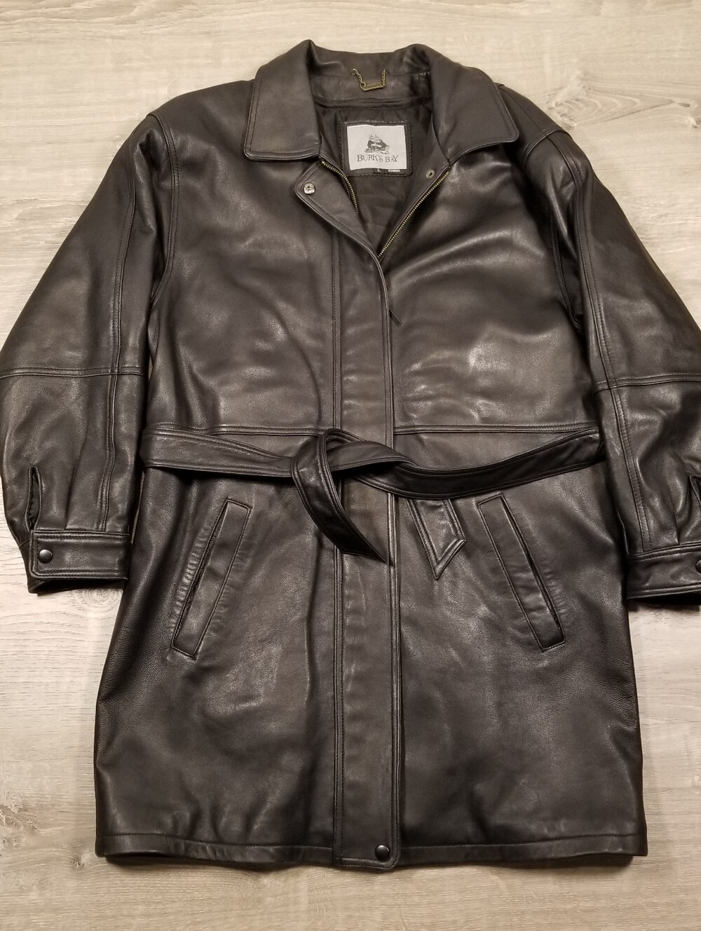 Vintage Burks Bay Black Leather Trench Coat Womens Large Belted Zip Insulated